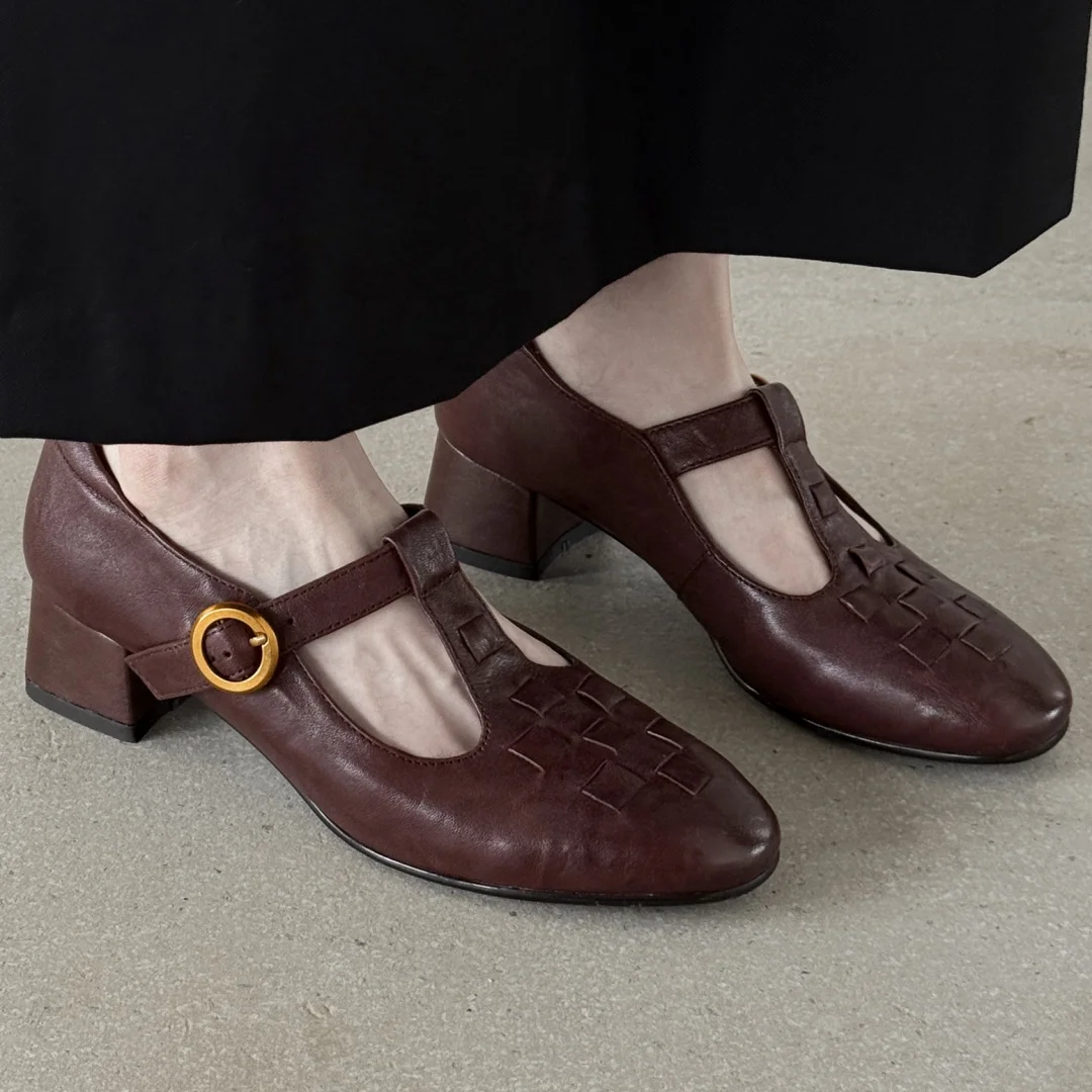 

Женские туфли-лодочки из овчины с узким ремешком и Т-образным ремешком, элегантные женские туфли на тонком каблуке толщиной 4 см с круглым носком в стиле OL