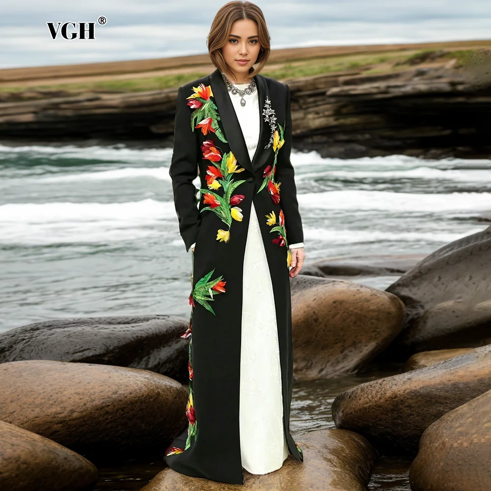 

VGH Elegant Patchwork Feathers Blazers For Women Notched Collar Long Sleeve Spliced Pockets Temperament Blazer Female Fashion