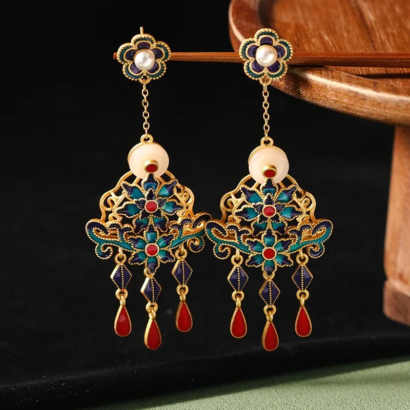 

Chinoiserie Style Vintage Gold-plated Enamel Craft Flowers Jade Ping Buckle Tassels Lucky Earrings for Women Jewelry Hanfu Gift