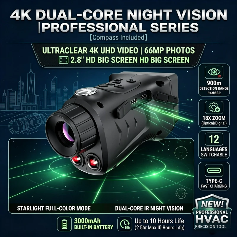 18X Night Vision Monocular 4K Video 66MP Photo 850nm Dual-Core IR 900m Range 2.8'' LCD Screen 3000mAh USB-C Hunting Scope