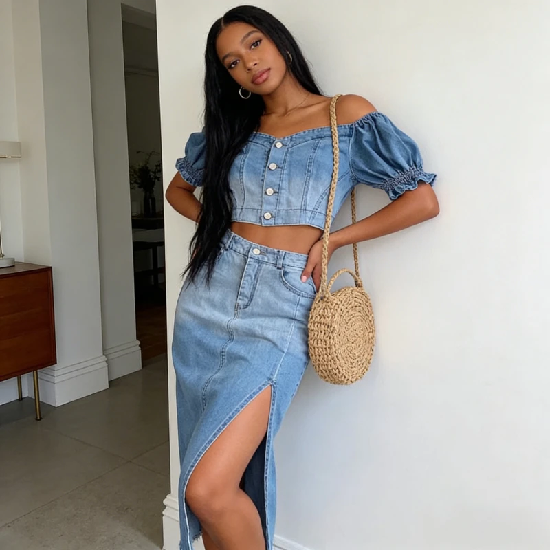 

Джинсовый костюм-двойка для женщин: топ и юбка с разрезом, квадратный воротник, однобортный, винтажный, с эффектом потертости, для офиса