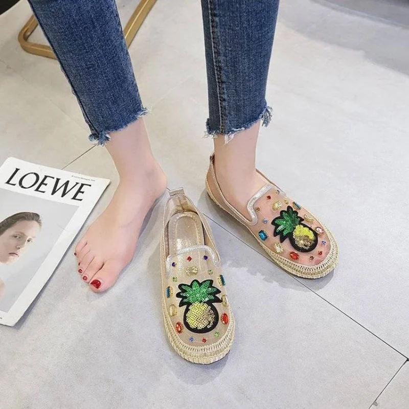 Shoes for Woman 2024 Rhinestone Diamond Flats Cute Women\'s Summer Footwear Round Toe Kawaii Flat with Crystals Stylish Popular A