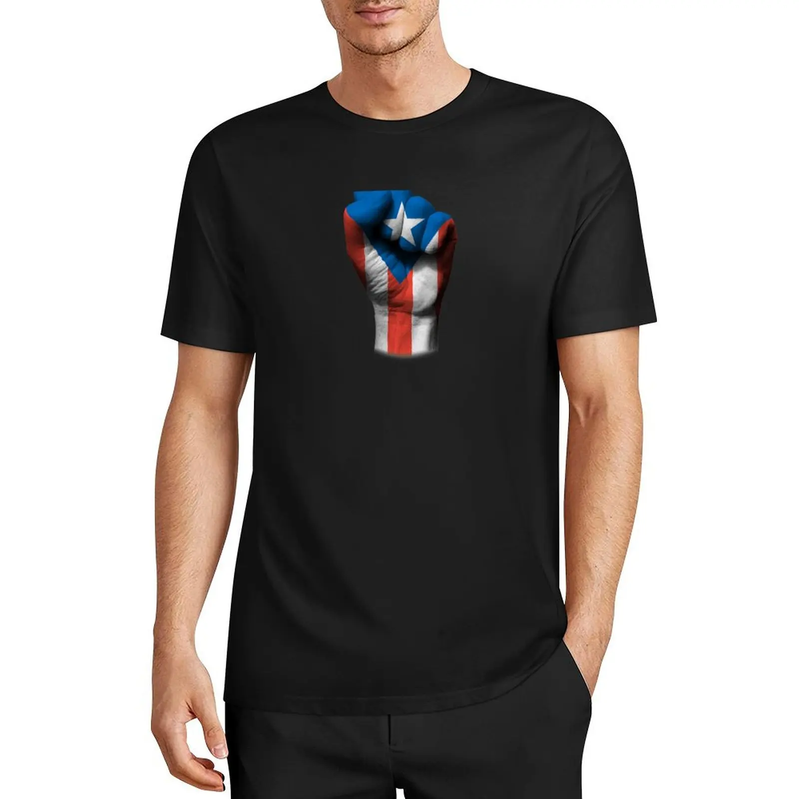 

Flag of Puerto Rico on a Raised Clenched Fist T-Shirt blue archive plus size tops plain black t shirts men