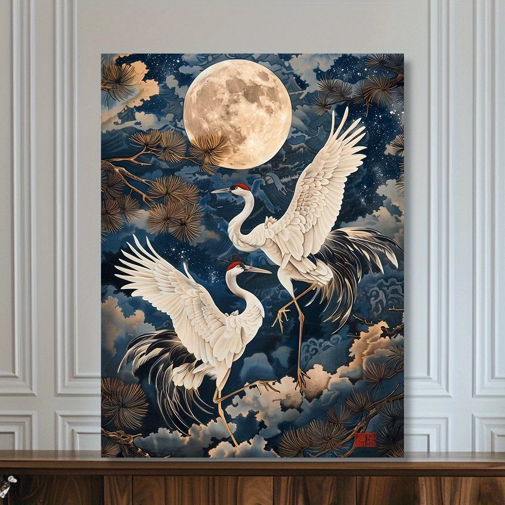 Frameless canvas paintings,White Cranes Moonlight Dance Poster and Print Two Red-crowned Cranes Canvas Painting Wall Art Picture