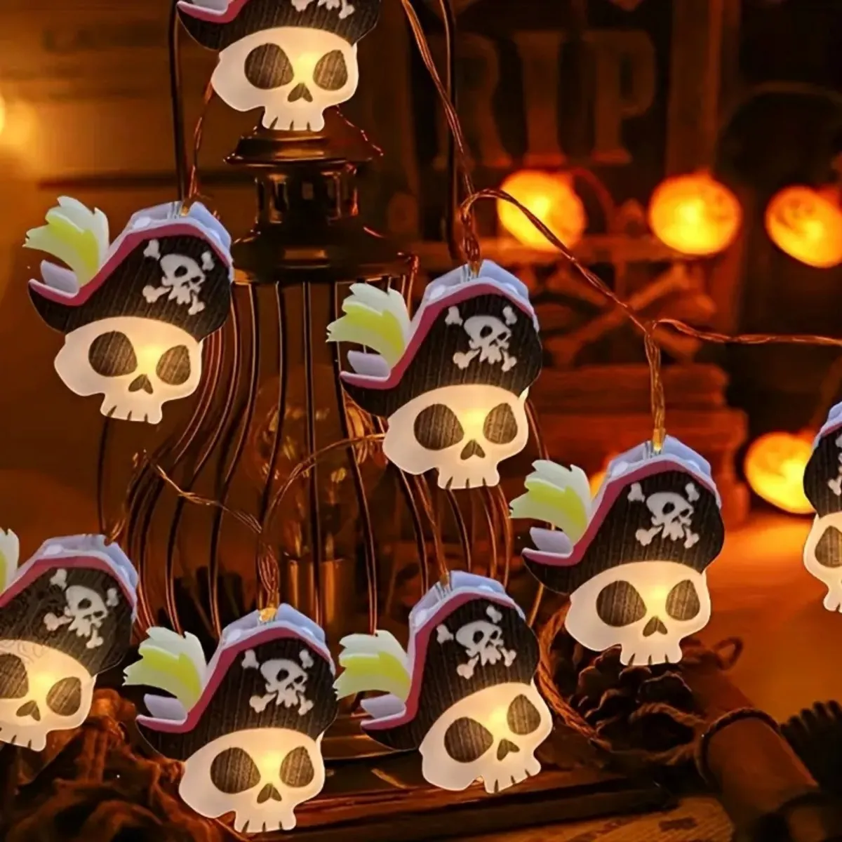 1pc 10/20 LED Halloween Pirate Skull String Lights Indoor Decorative Lamp Battery Powered Lights Suitable For Home Garden Decor - view 5
