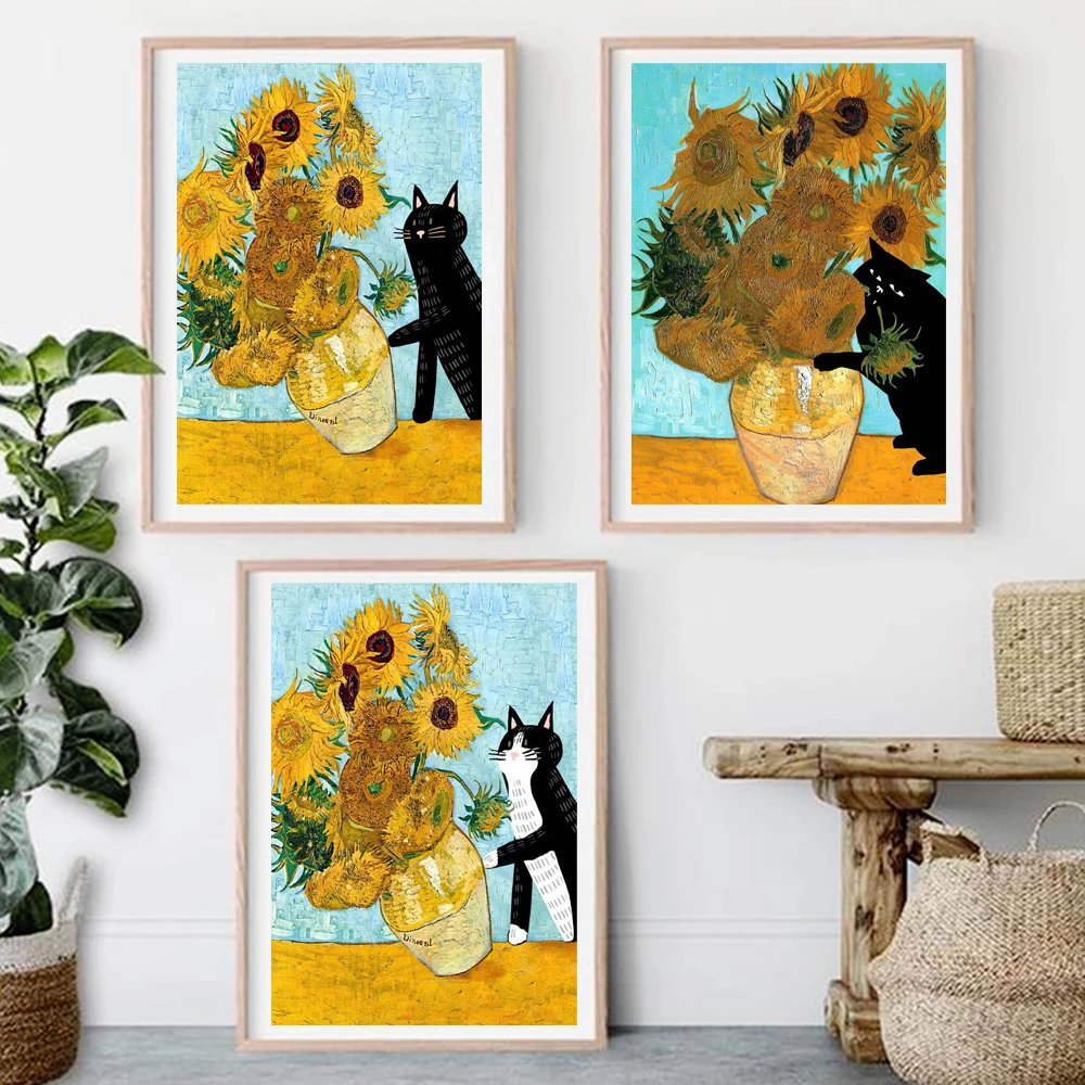 Abstract Black Cat Knocks Van Gogh Sunflower Funny Wall Art Canvas Painting Posters Prints for Living Room Decor