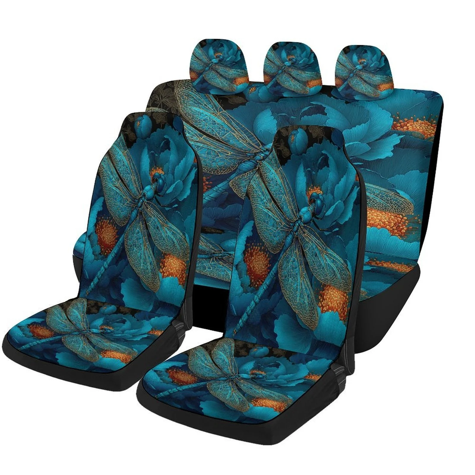 Blue Dragonfly Bloom Themed Car Seat Cover Set - Vibrant Turquoise & Golden Floral Design, Durable Polyester, Fit For Most Cars,