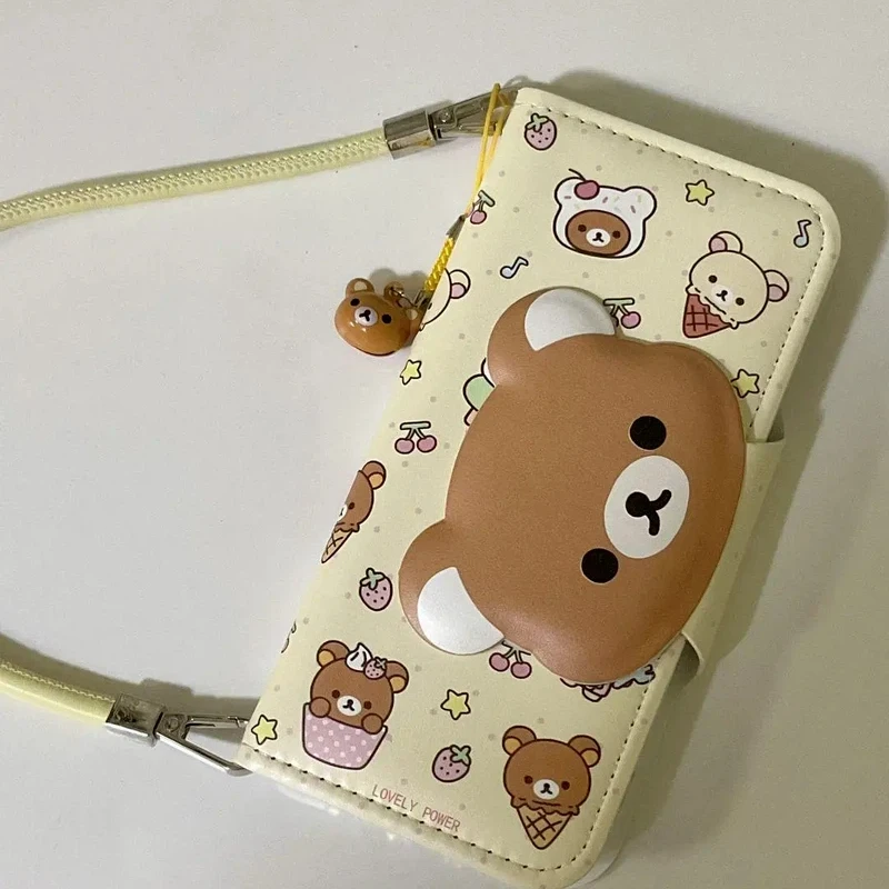 Rilakkuma Cute Cartoon Flip Leather Card Holder Phone Case For Iphone 17 Promax 16 Promax 15 Pro 14 13 Shockproof Cover Women