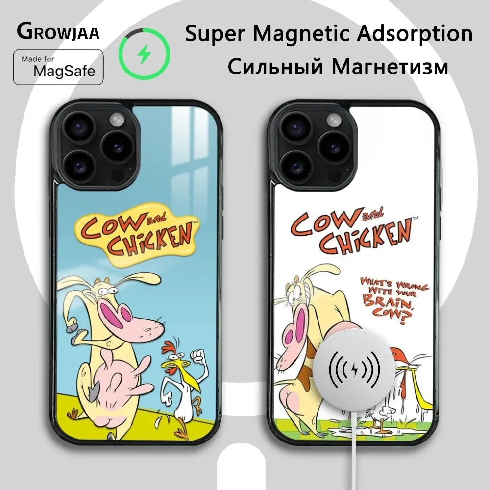 Cartoon C-Cow and C-Chicken Phone Case For iPhone 16 15 14 13 12 11 Pro Max Plus Mini Magsafe Mirror Wireless Magnetic Cover