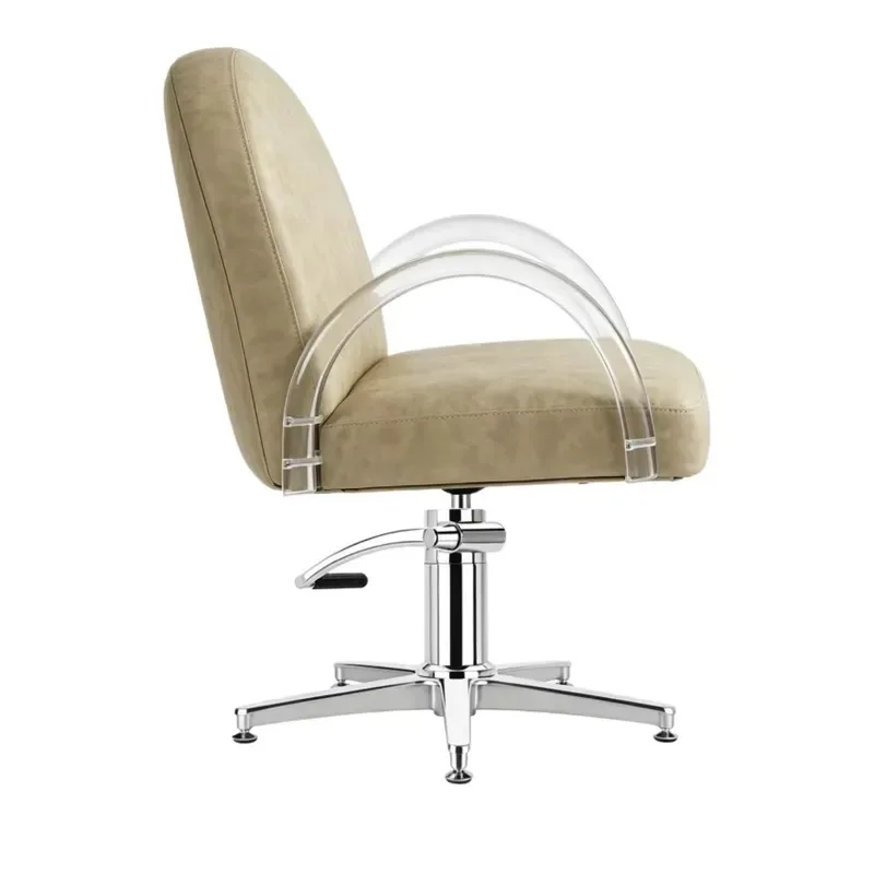 Beige PU Leather Folding Office Chair with Acrylic Armrests Adjustable Swivel for Salon Living Room Durable