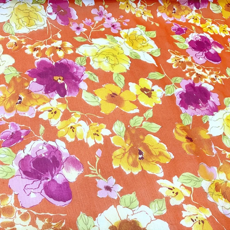 1 meter 100% Mulberry Silk 8 momme Thin Type Georgette Silk Orange Big Floral Printed 114cm 44