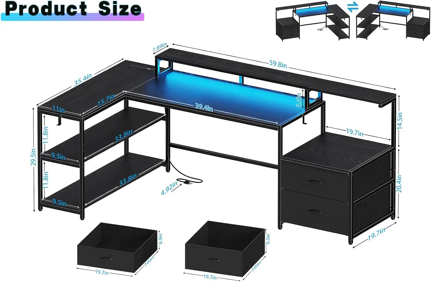 Bureau de jeu en forme de L avec égouts à proximité de fichiers, bureau à domicile avec lumières LED et prises de courant, bureau d'ordinateur réversible, noir