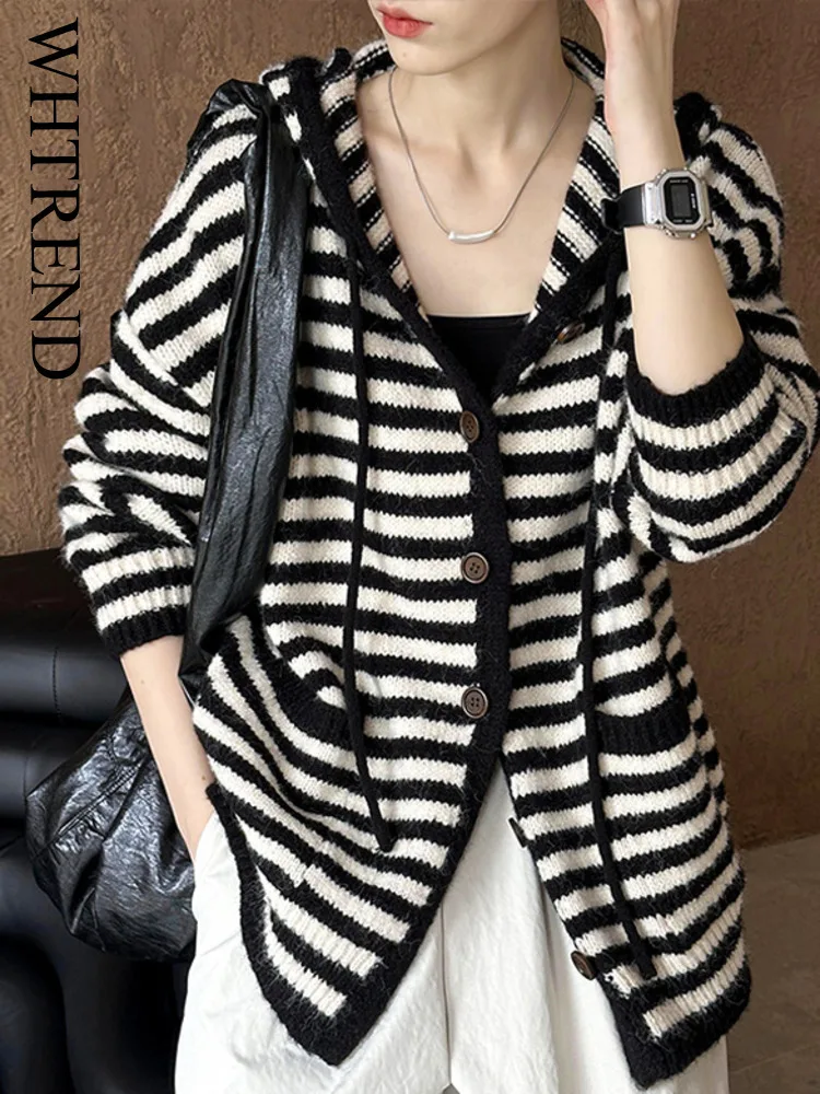 

WHTREND осень-зима новая вязаная куртка в полоску с цветными блоками свободный трикотаж с капюшоном WH1699