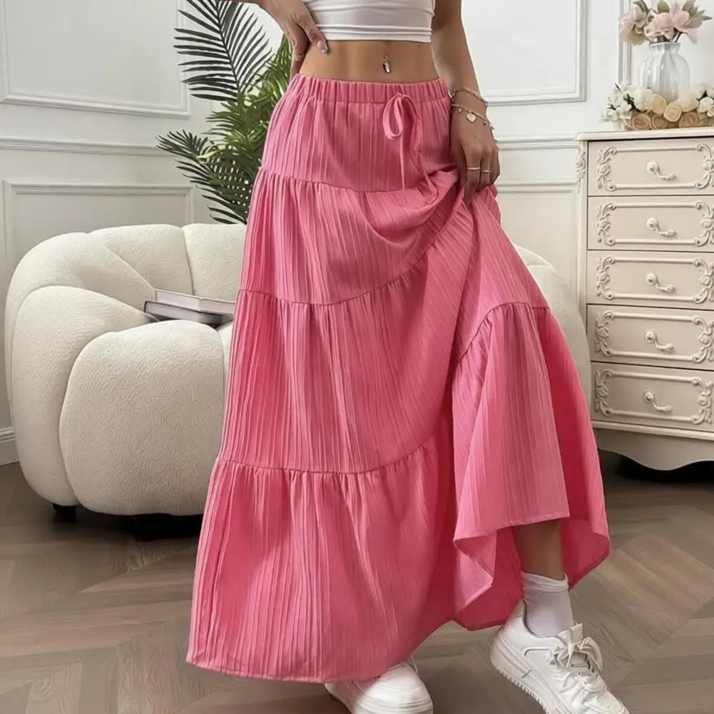 Soft Women Skirt A Line Flowy Swing Skirt Breathable Solid Color Elastic Waist Drawstring Pleated Casual Skirt