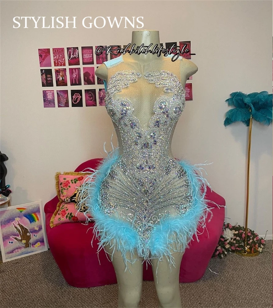 Sky Blue Short Prom Dress For Black Girl Silver Beaded Crystal Birthday Party Dresses Feathers Mini Cocktail Customized