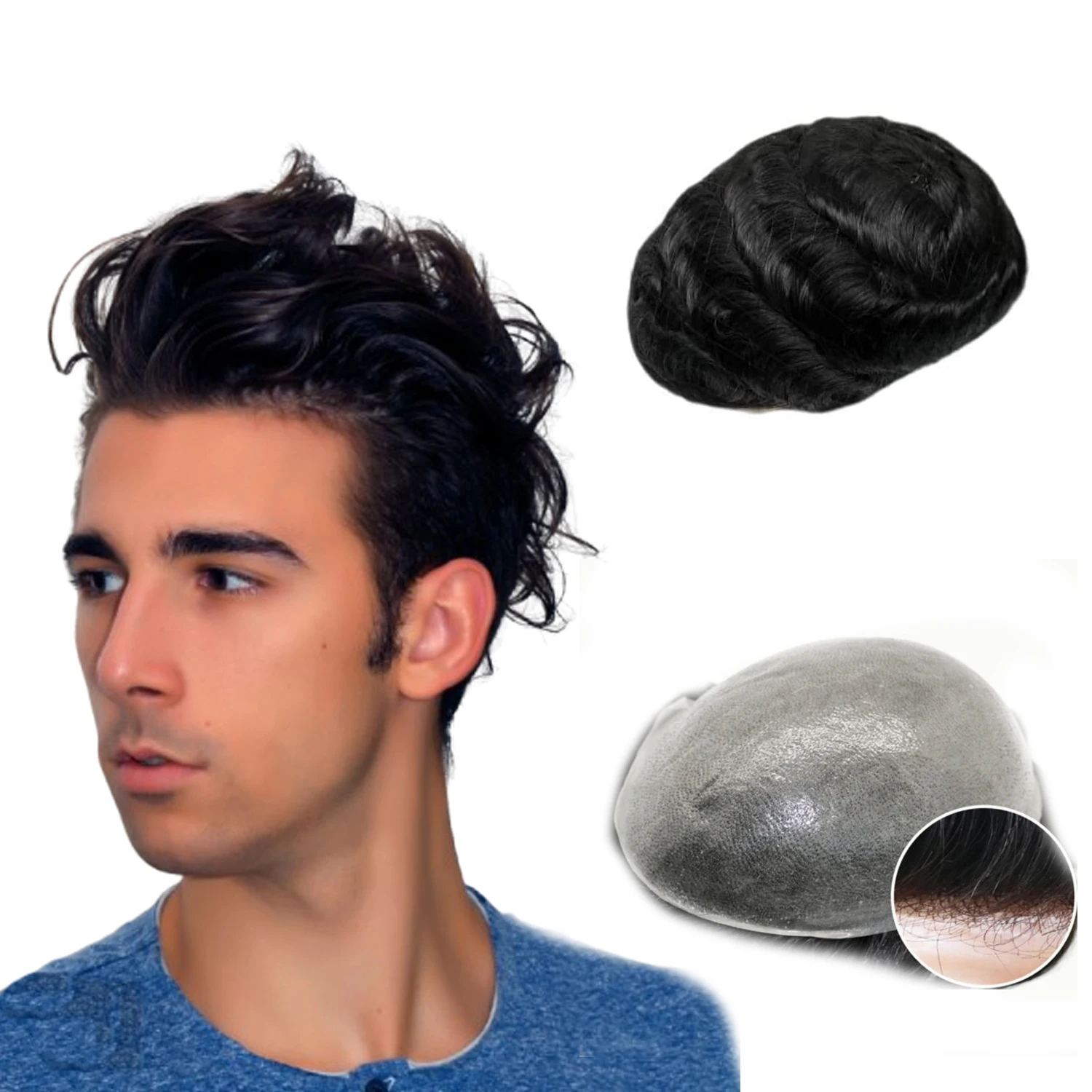 

N.L.W 0.04,mm thin Pu toupee for men natural black hair toupee 25mm curl men hairpiece replacement
