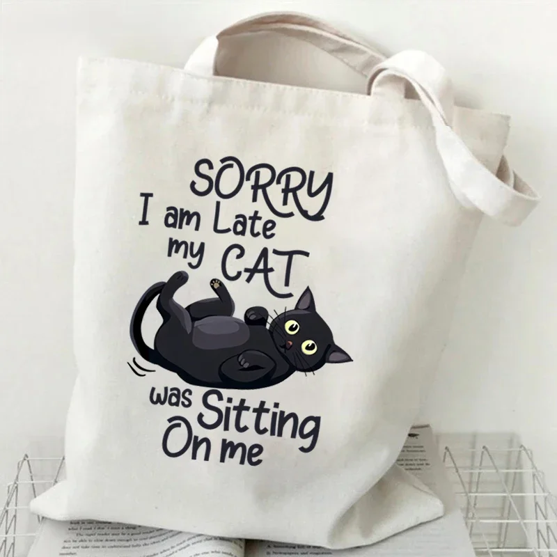 Women Tote Bag It's Fine I'm Fine Everything's Fine Print Canvas Shopping Bag Cartoon Harajuku Cat Female Commuter Bag Handbags