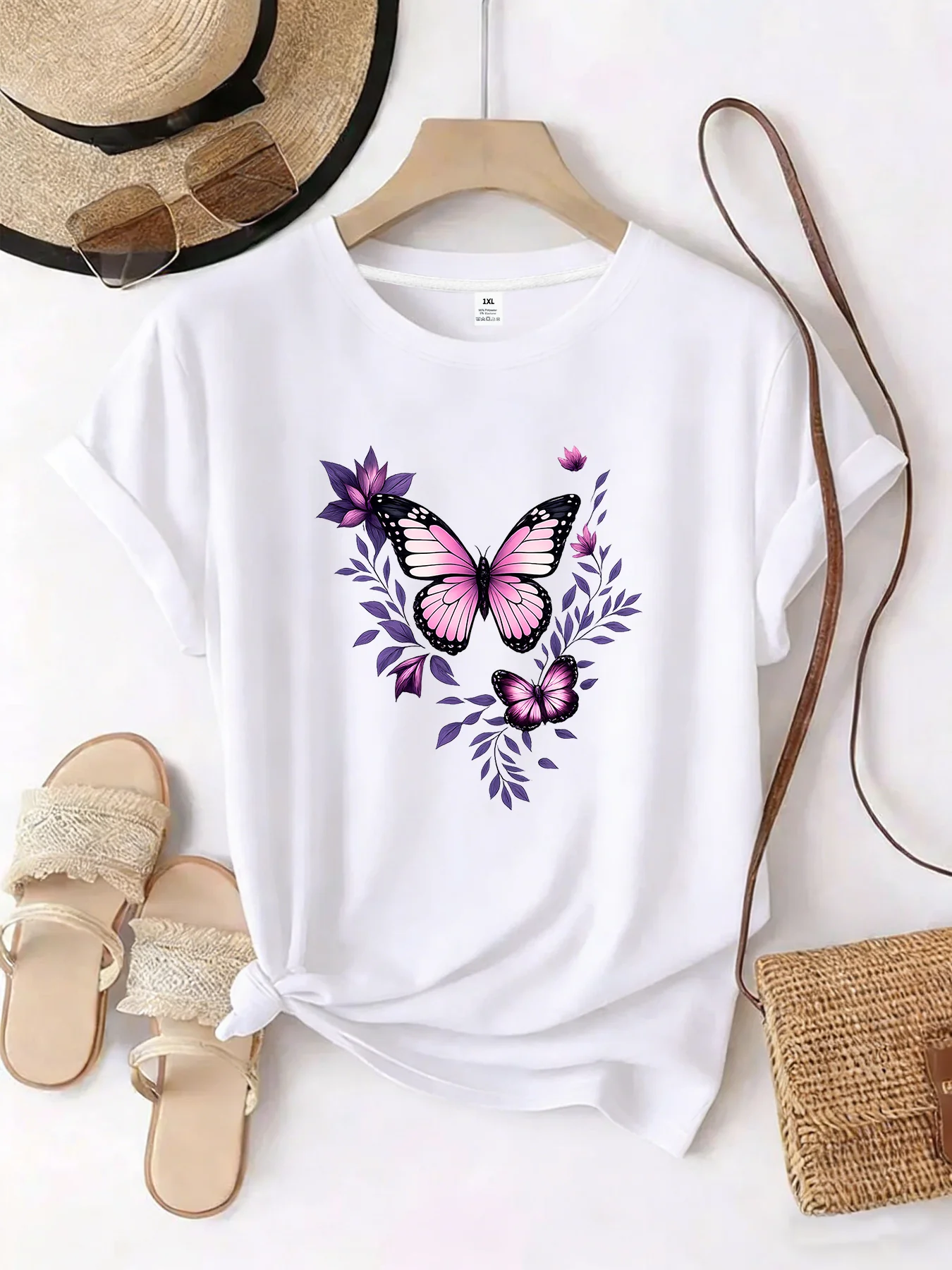 

【WZM10636】Butterfly print plus size women's round neck T-shirt summer casual short sleeved top street fashion versatile