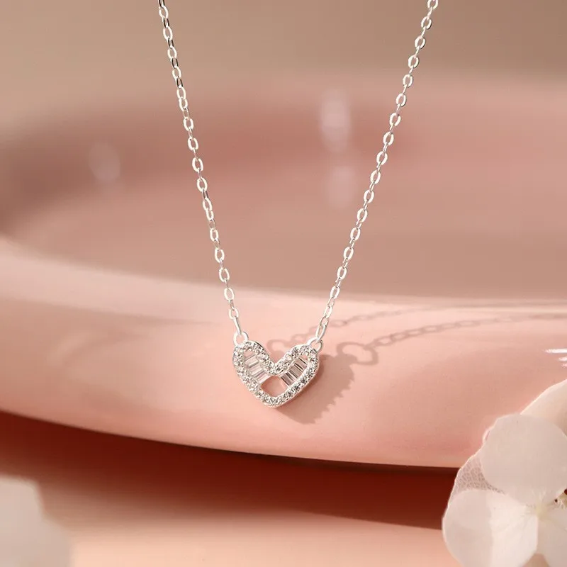 

PANJBJ 100% 925 Sterling silver Love Heart Zircon Necklace for Women Hollow Out Design Trend Office Jewelry Gift Dropshipping