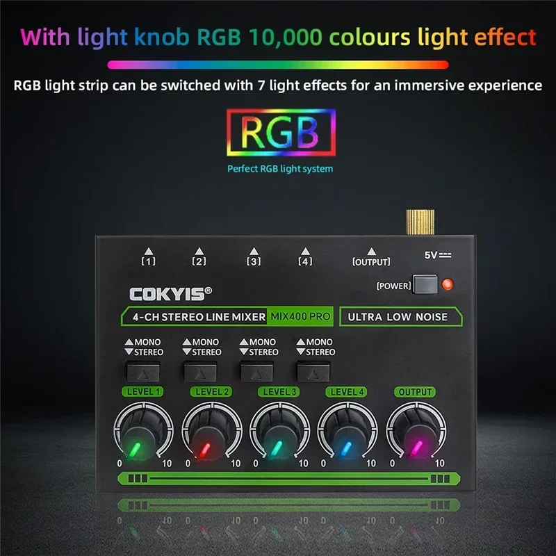 4 Channel Low Noise Stereo Line Mixer Mini Professional Sound Mixer with RGB DC5V Audio Processor for Guitar Bass Keyboard Stage