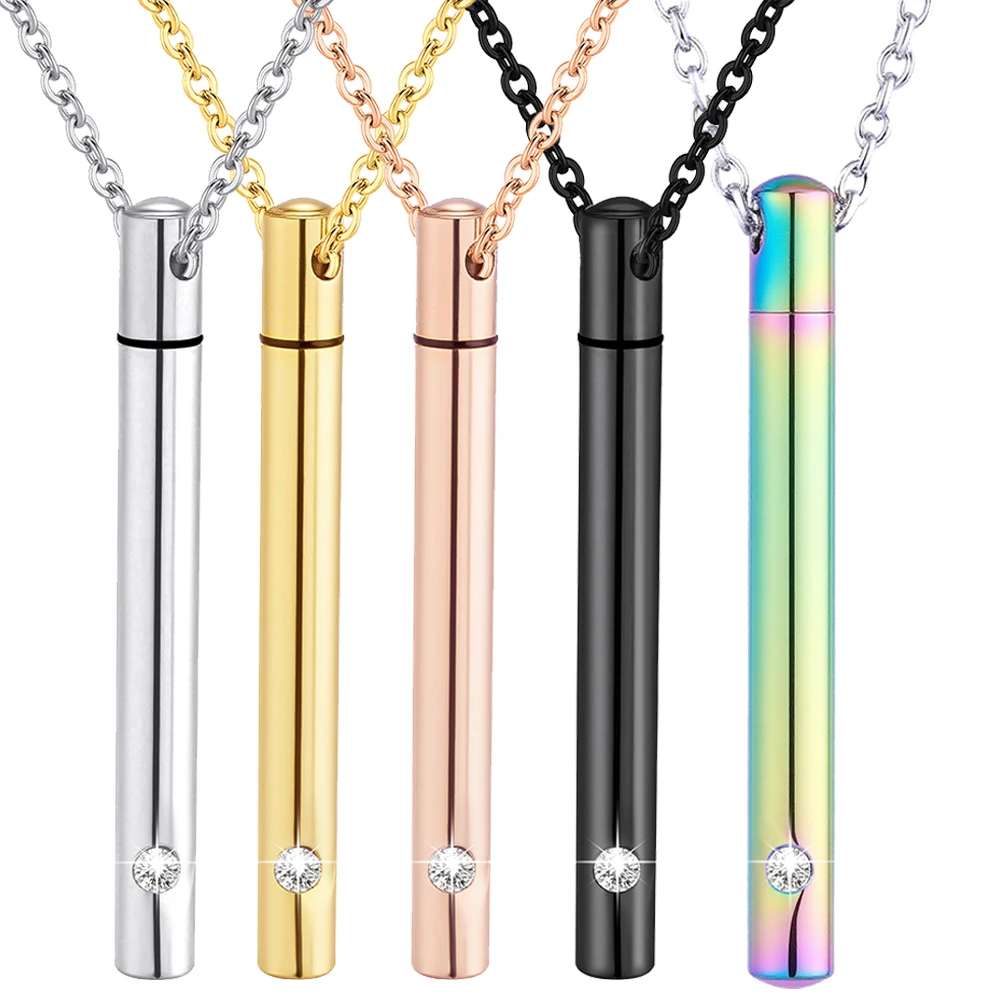 

Stainless Steel Cylinder Crystal Memorial Urn Pendant Screw Open Cremation Necklace Ash Case Holder 5 Colors