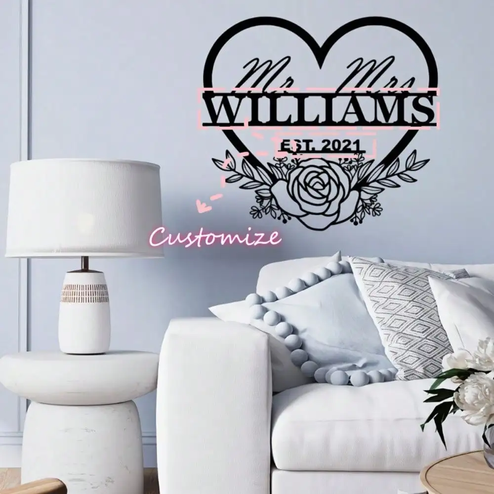 

Personalized Mr & Mrs Metal Wedding Plaque Heart Floral Wall Art Custom Surname Sign For Valentine Homestead Bedroom Decor