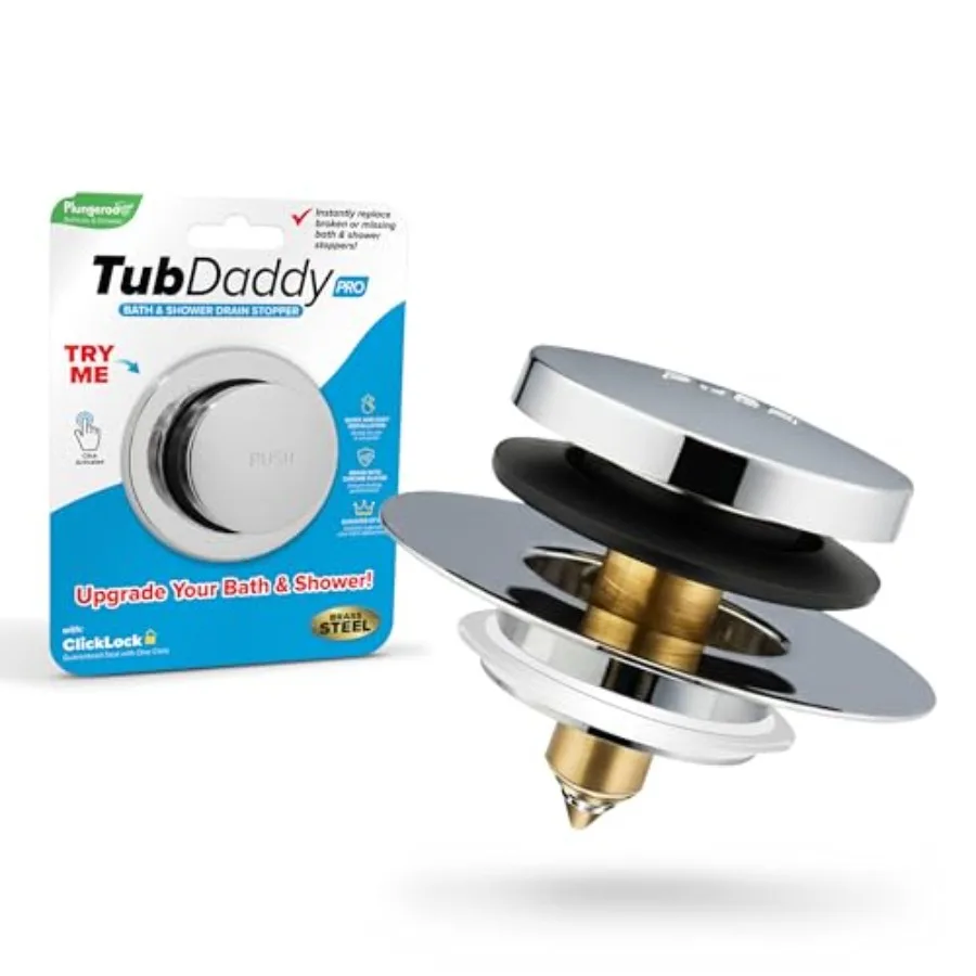 Tub Daddy Pro Universal Bathtub Drain Stopper ClickLock Seal, Hair Catcher, Easy Install, Chrome and Nickel Finish