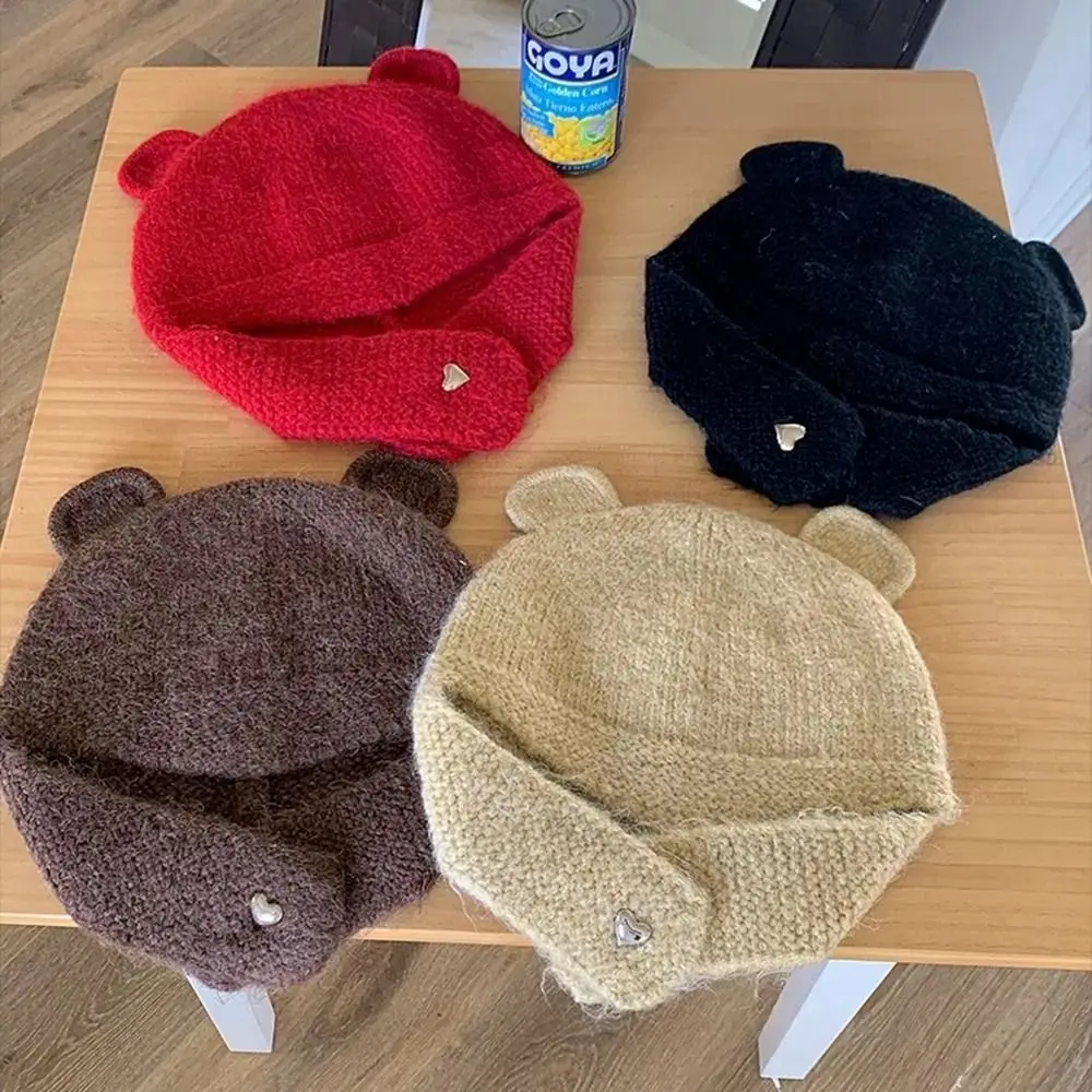 

Cute Cartoon Bear Ears Beanie Hat Solid Color Thick Warm Warm Knit Cap Windproof Soft Winter Knitted Hat