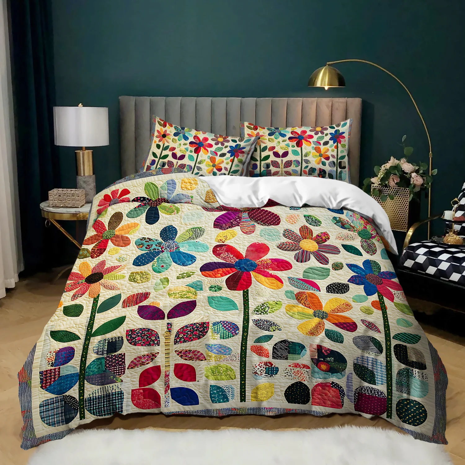 

3pcs Patchwork Floral Bedding Duvet Cover SetBohemian Floral Bedding Quilt SetFloral Themed Bed Quilt SetColorful Patchwork