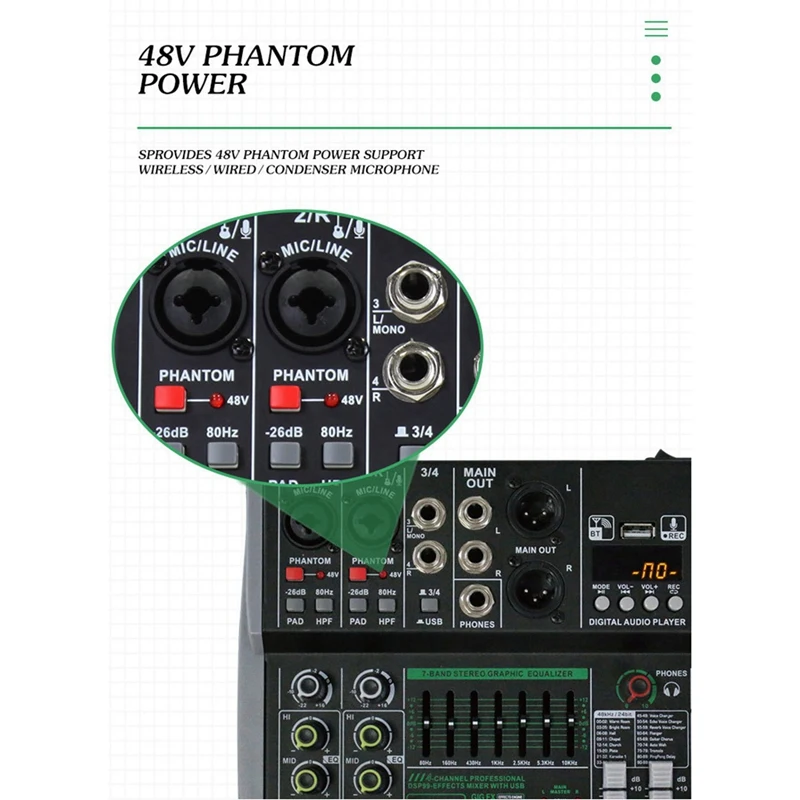 Professional 4-Channel Mixer Built-In 16DSP 7-Segment Balanced Effect Bluetooth Support Recording Audio Mixer