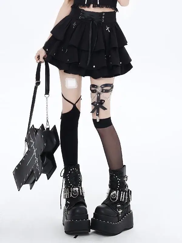 

DEEPTOWN Gothic Black Skirt Shorts Women Japanese Harajuku High Waist A-line Bandage Cute Sexy Streetwear Ruffles Mini Skirt