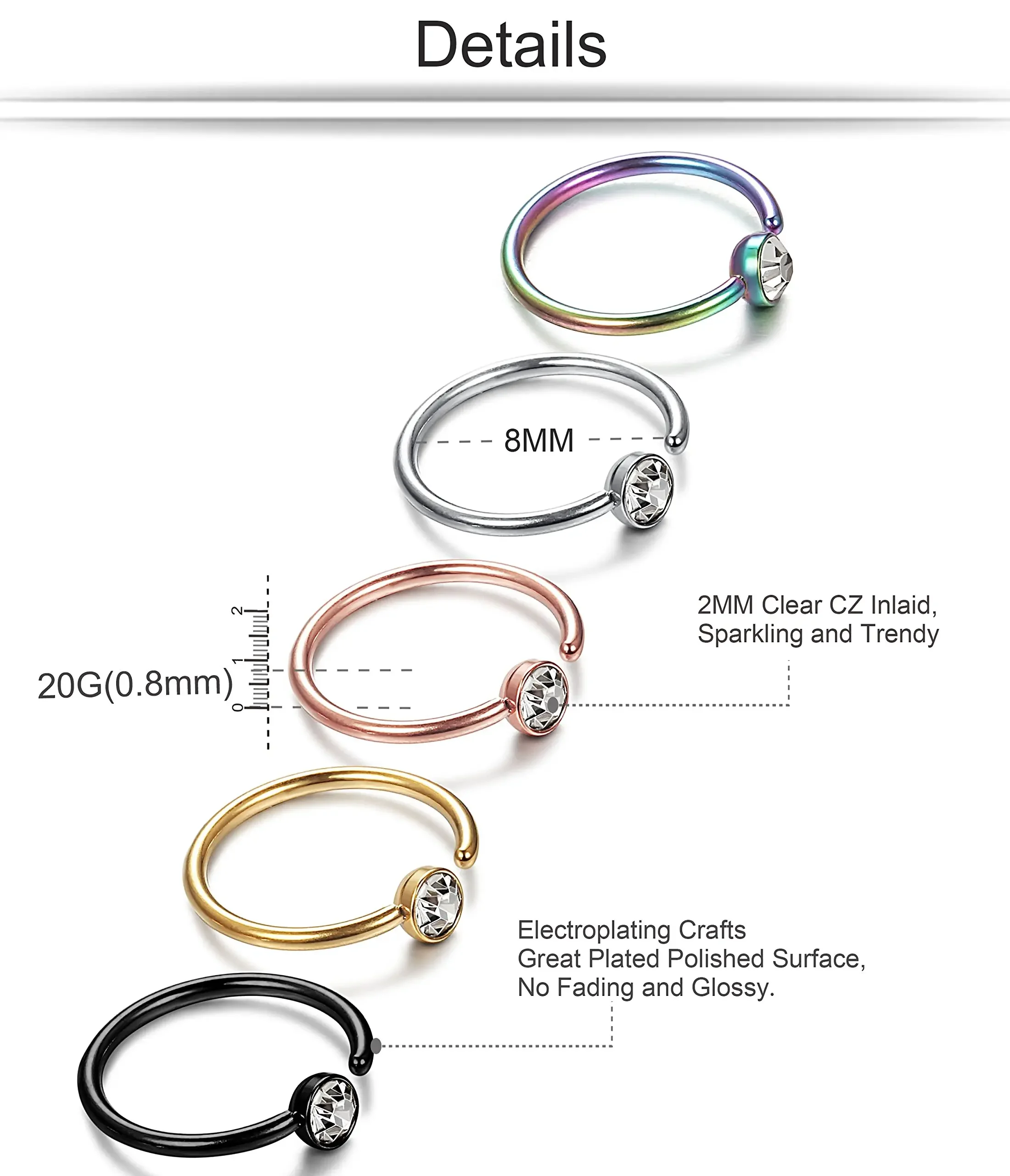 Drperfect 1pc 20G Stainless Steel Nose Rings for woman Hoop Nose Ring Earring CZ Body Ear Piercing Jewelry
