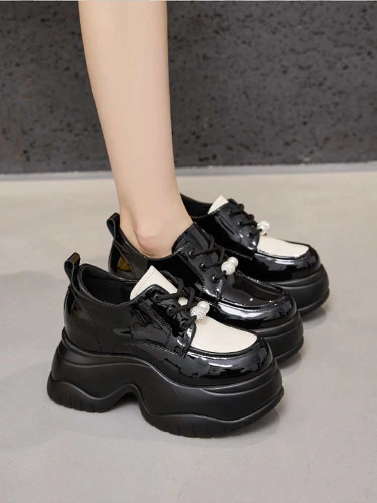 CICIYANG Chunky Platform Loafers Women 2024 Autumn New High Heels Lace-up Patent Leather Women's Shoes Dress Shoes for Ladies