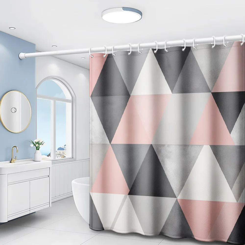 1pc of Geometric Triangle Gray And Black Patchwork Printed Shower Curtain, Modern Art Style Bathroom Home Decor with Plastic Hoo