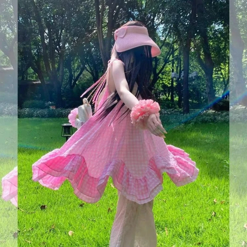 Pink Plaid  Casual Loose Camisole Dress for Women 2026 Summer New Fashion Korean Version Sweet and Cute Style Sleeveless Dress
