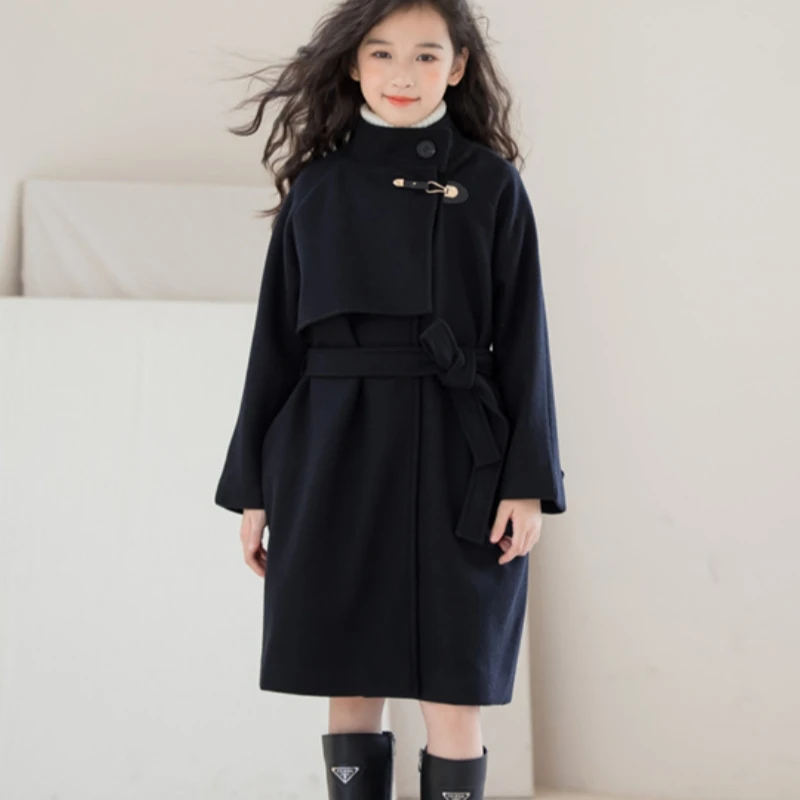 Girls Woolen Coat Overcoat Jacket Windbreak 2024 Black Warm Plus Thicken Autumn Winter Cotton School Children's Clothing