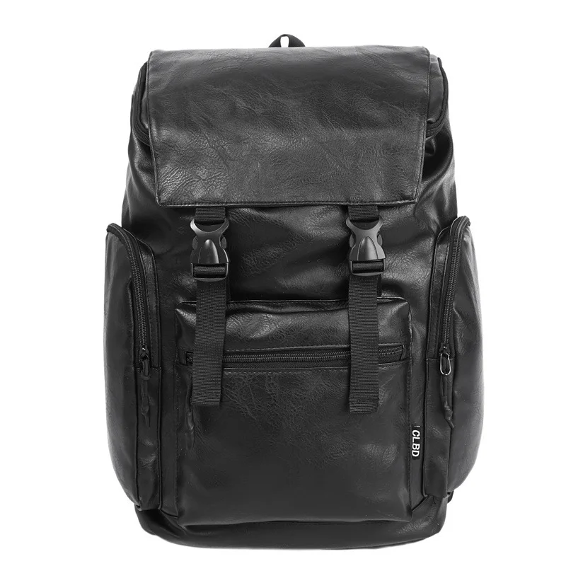 Cool Trendy Solid Color Men's Backpack Casual Large Capacity Multi-Pocket Backpack Personality Versatile Leather Shoulder Bag