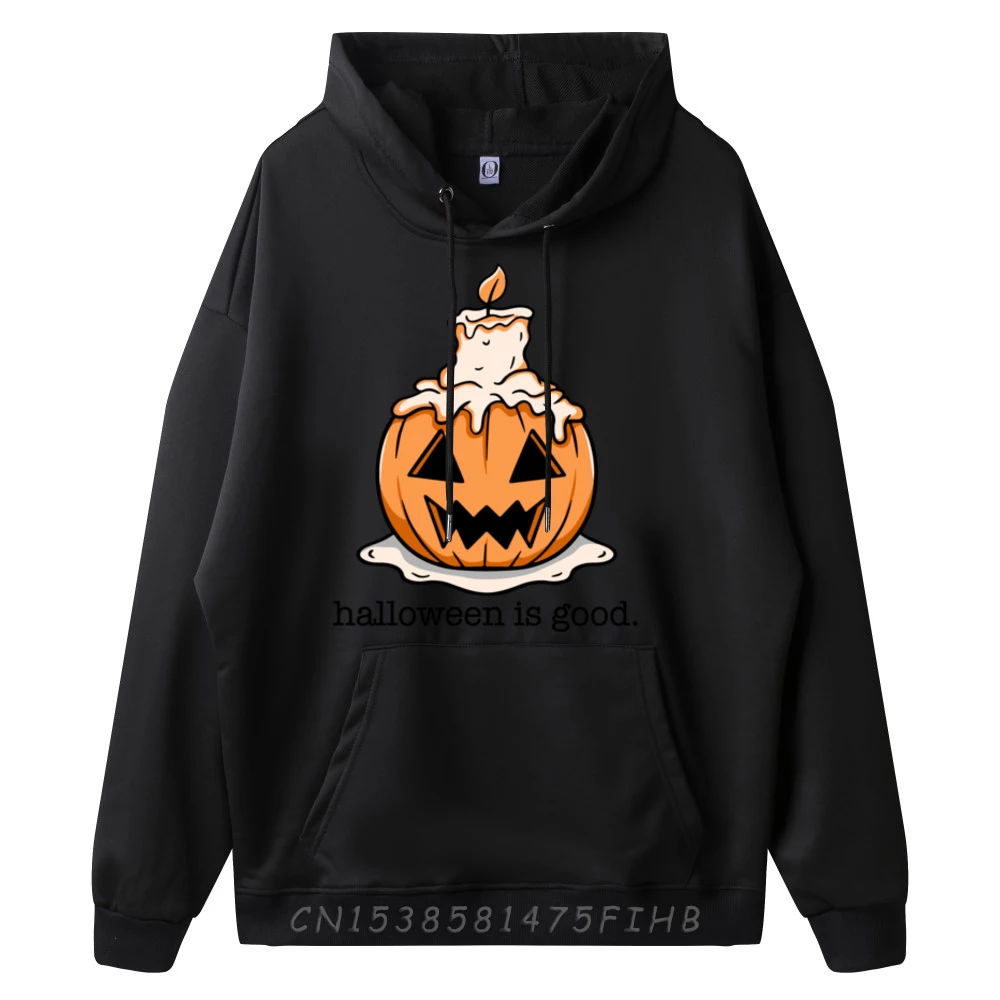 Halloween is Good and Life Spooky Pumpkin Candle Halloween Graphic Tee Polyester Pullover Men Oversize Long Sleeve