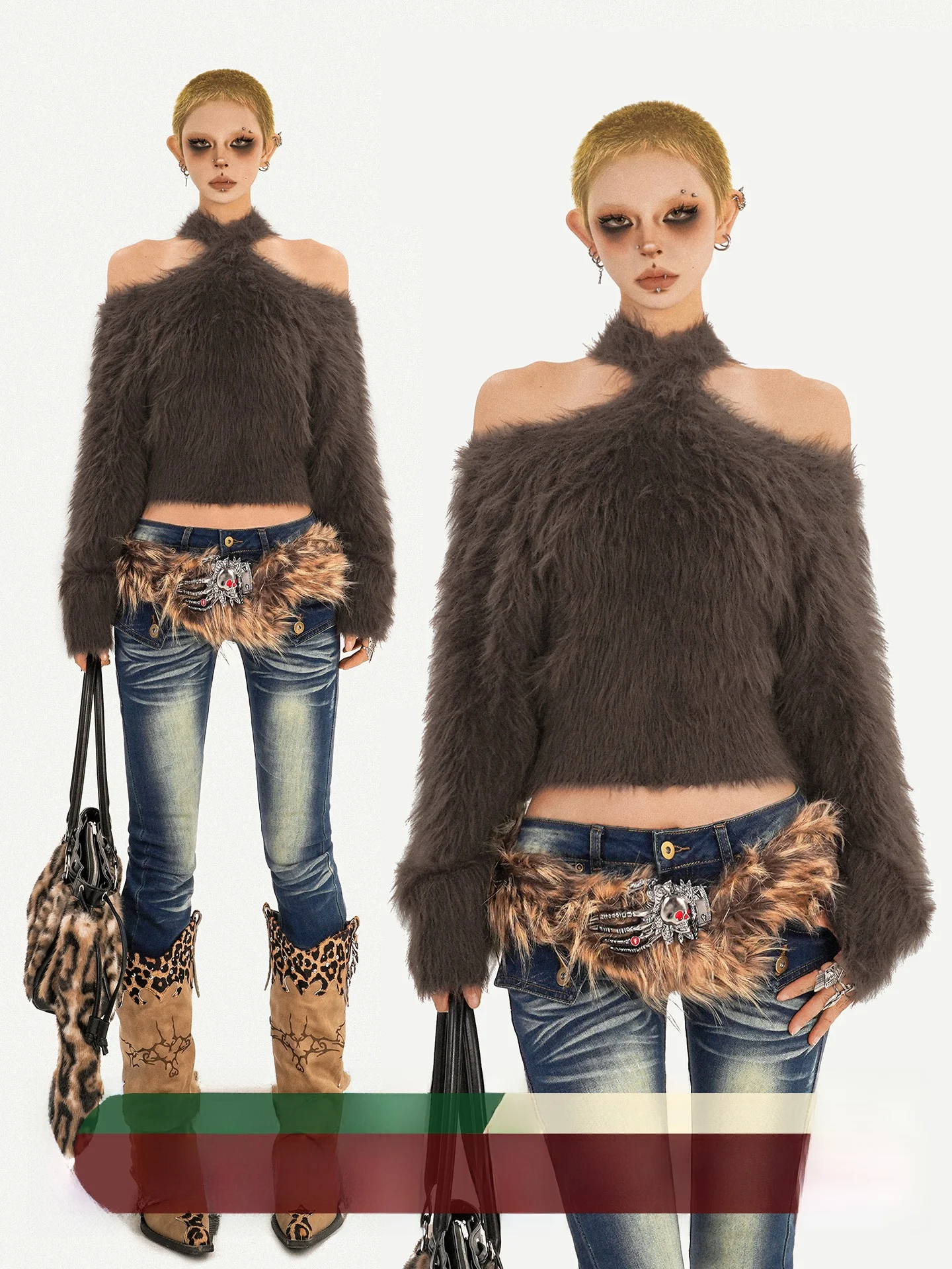 

Nico Molly Lazy Knitted oulder Bared Punk Sle Street Faion свитер женский длинный светящийся теплый топ