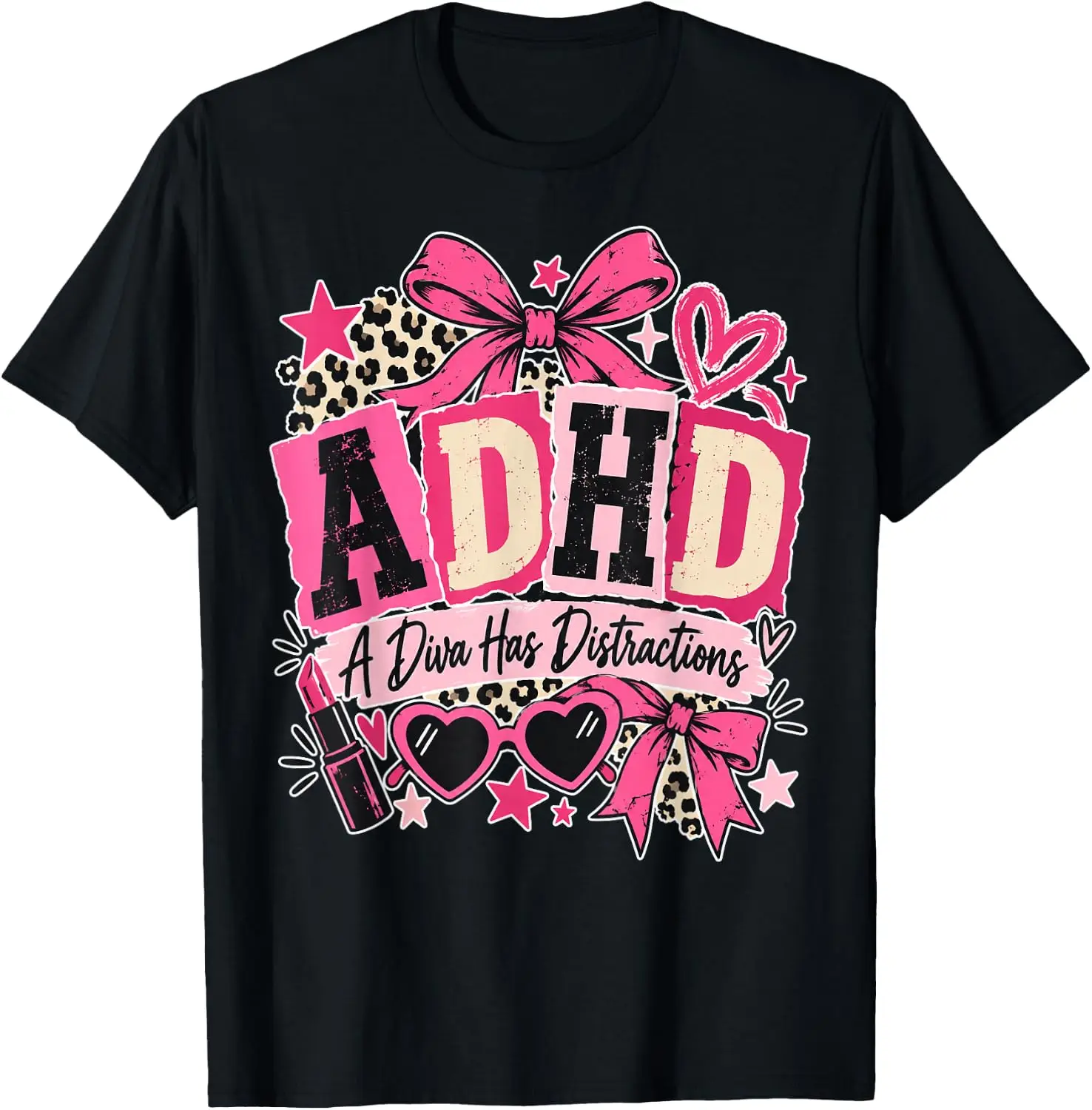 ADHD A Has Distractions Funny Glam Pink Bow Diva Meme T-Shirt Halloween Loose-Fit Pure Cotton Short-Sleeve Top – Stylish, Breathable, Plus-Size – Christmas Gift