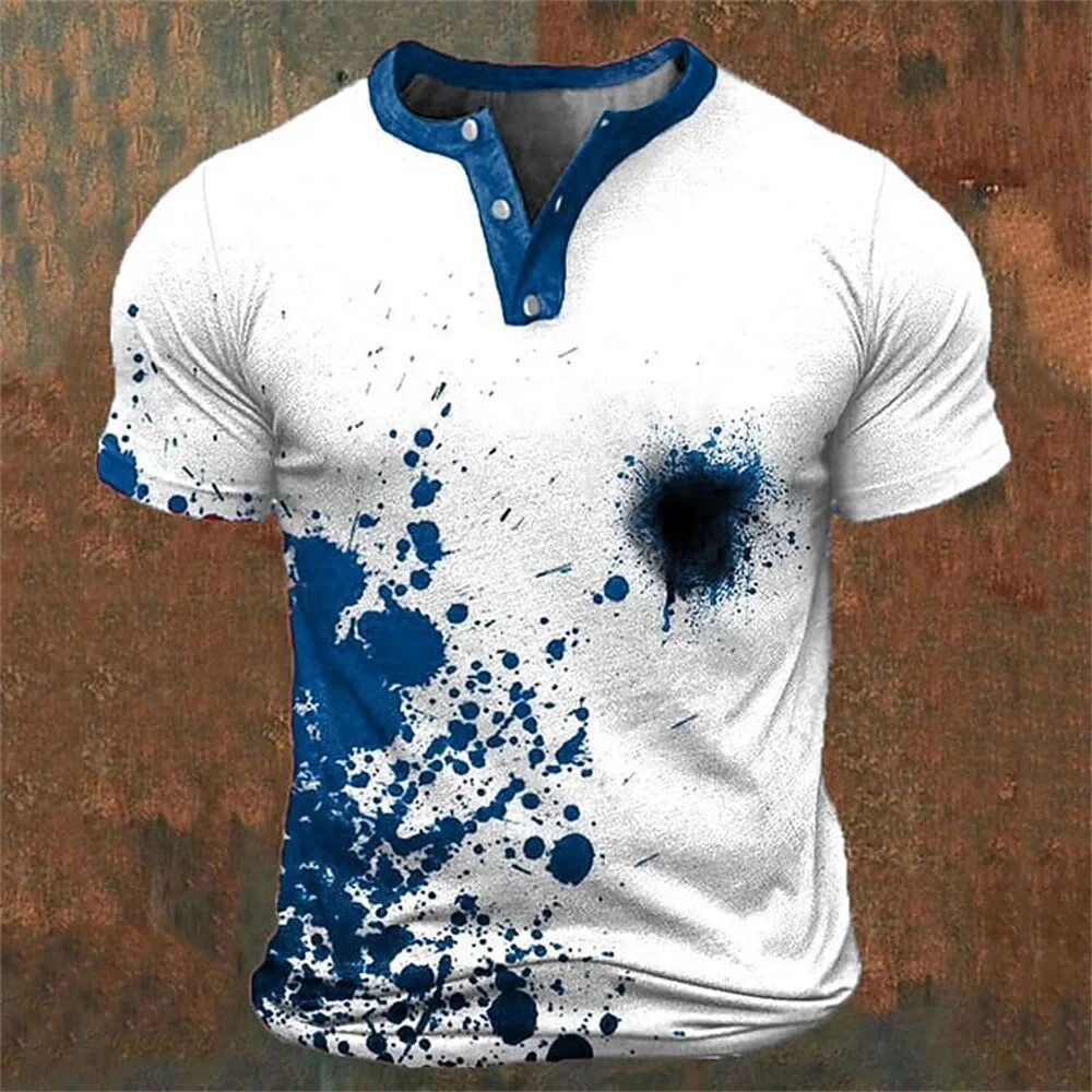Funny 3D Letter Print Men's Henley Shirts Summer Street Clothing Fashion Loose Tees Casual Henry Collar Short Sleeve Button Tops view 6