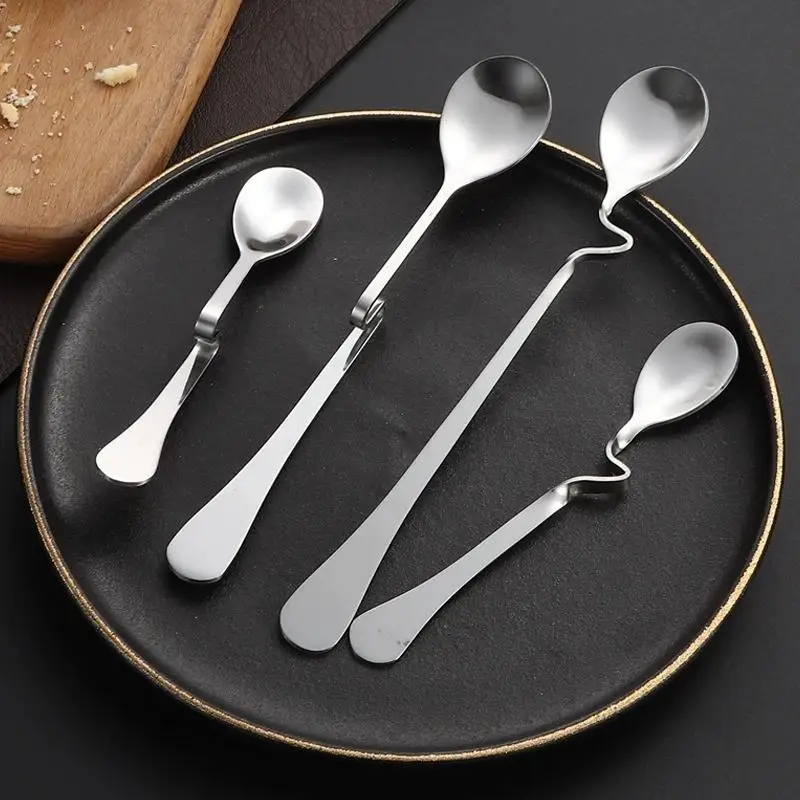 Stainless Steel S-Shaped Hanging Cup Spoon Restaurant Curved Handle Twisting Spoon Coffee Milk Dessert Tea Curved Mixing Spoons