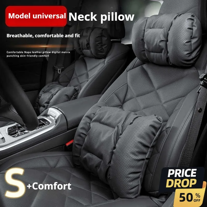 Soft Nappa Leather Car Headrest Neck Support Seat Lumbar Support Cushion Car Punched Neck Pillow Waist Pillows Car Accessories