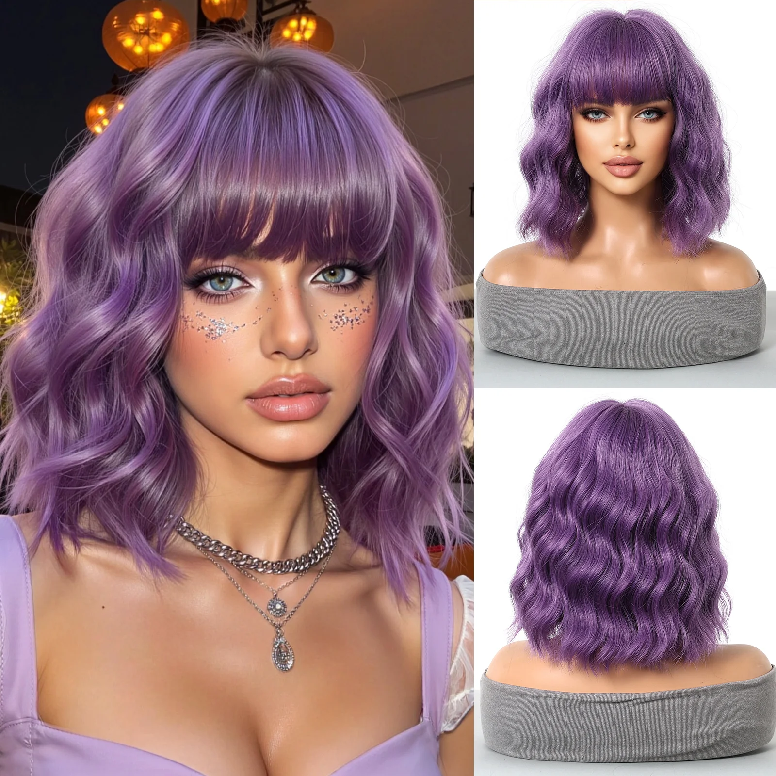 

Helloween темно-фиолетовый короткий боб синтетические парики водный волнистый парик косплей волосы с челкой для женщин термостойкие Lolita вечерние использование