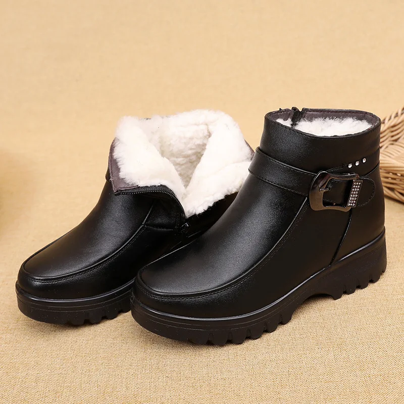 Fashion Winter Women Leather Ankle Boots Female Thick Plush Warm Snow Boots Mother Waterproof Non-slip Booties Botas De Mujer