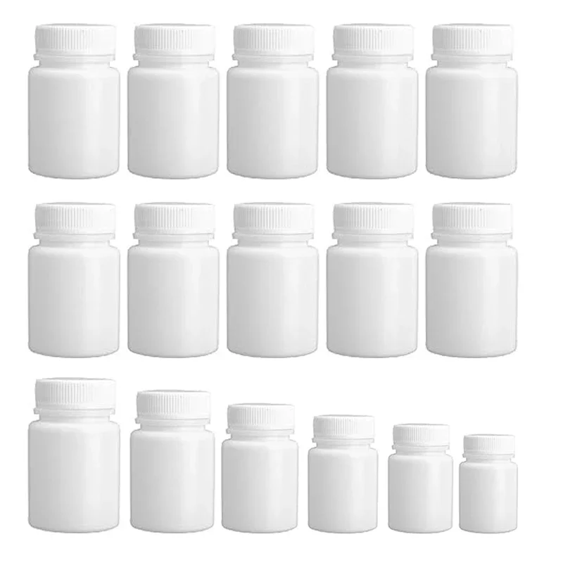 5 pezzi vuoti 15 ml-100 ml bottiglie di pillole mediche in plastica bianca portatili con coperchi compresse vitamine capsula contenitori in polvere solida