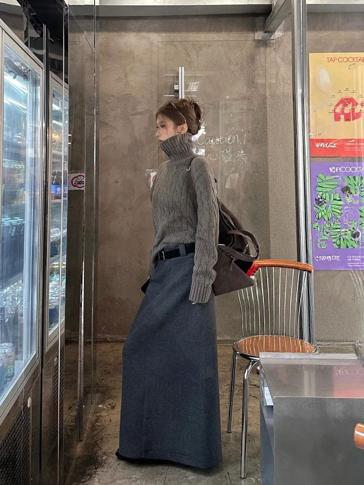 【FANGTING】Women's Winter Woolen Skirt Gray Retro Straight A-Line Long Skirt All-Match