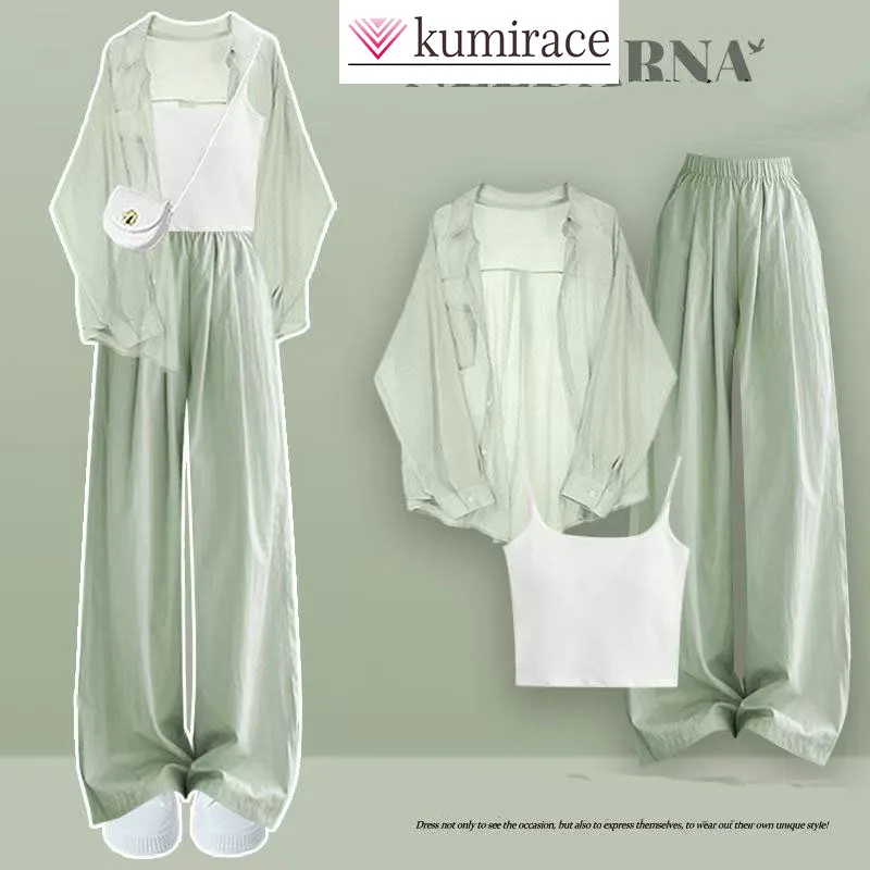 

Spring/Summer Dopamine Green Dressing Set for Women, New Sunscreen Shirt, Strap, Loose Casual Pants, 3-Piece Set Pant Sets
