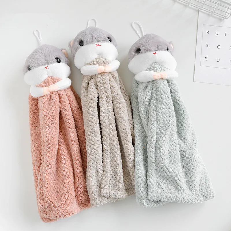 1Pc Coral Fleece Cartoon Hamster Hanging Hand Towel Soft Absorbent Kitchen Bathroom Dish Cloth