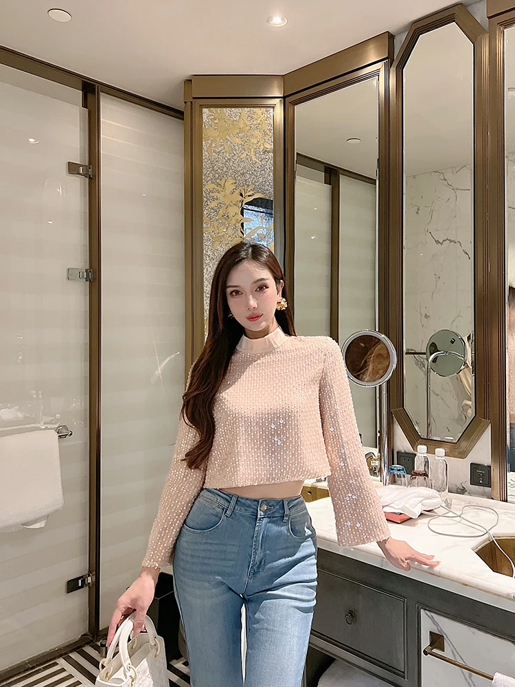 

Женская блузка Ele ort Svel с блестящим эффектом, длинными рукавами, высоким воротником, сложной вышивкой, однотонная, для повседневной носки